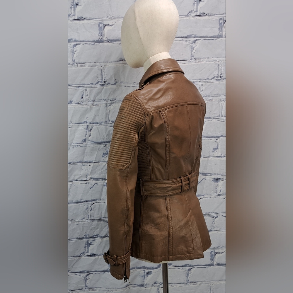 Burberry Women's 100% Calf Leather Moto Jacket Biker Brown Zip Cuffs Size 4 US - Picture 7 of 10
